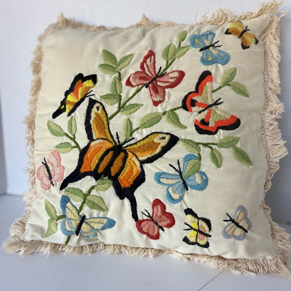 Butterfly Throw Pillow Flutter Embroidered Pillow 14x14 Needlepoint Retro
